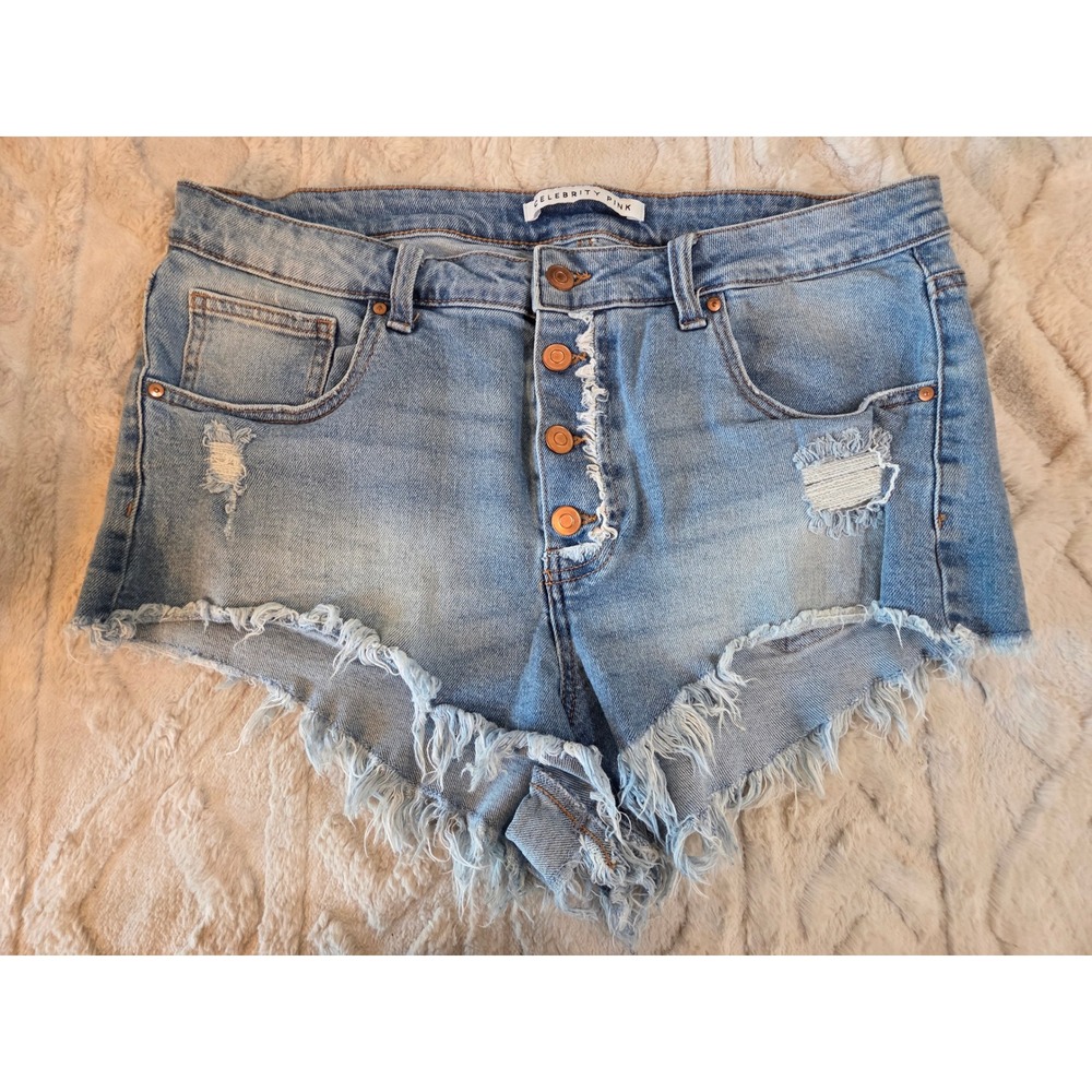 Celebrity Pink Womens Distressed Denim Shorts‎ Light Wash Button Fly Size 15/32
